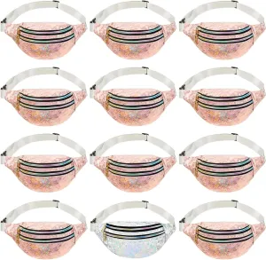Dunzy 12 pcs Bachelorette Fanny Pack Bride Bridesmaid Holographic Waist Bag Waterproof Fanny Pack for Bachelorette Wedding Party(Champagne, Silver)