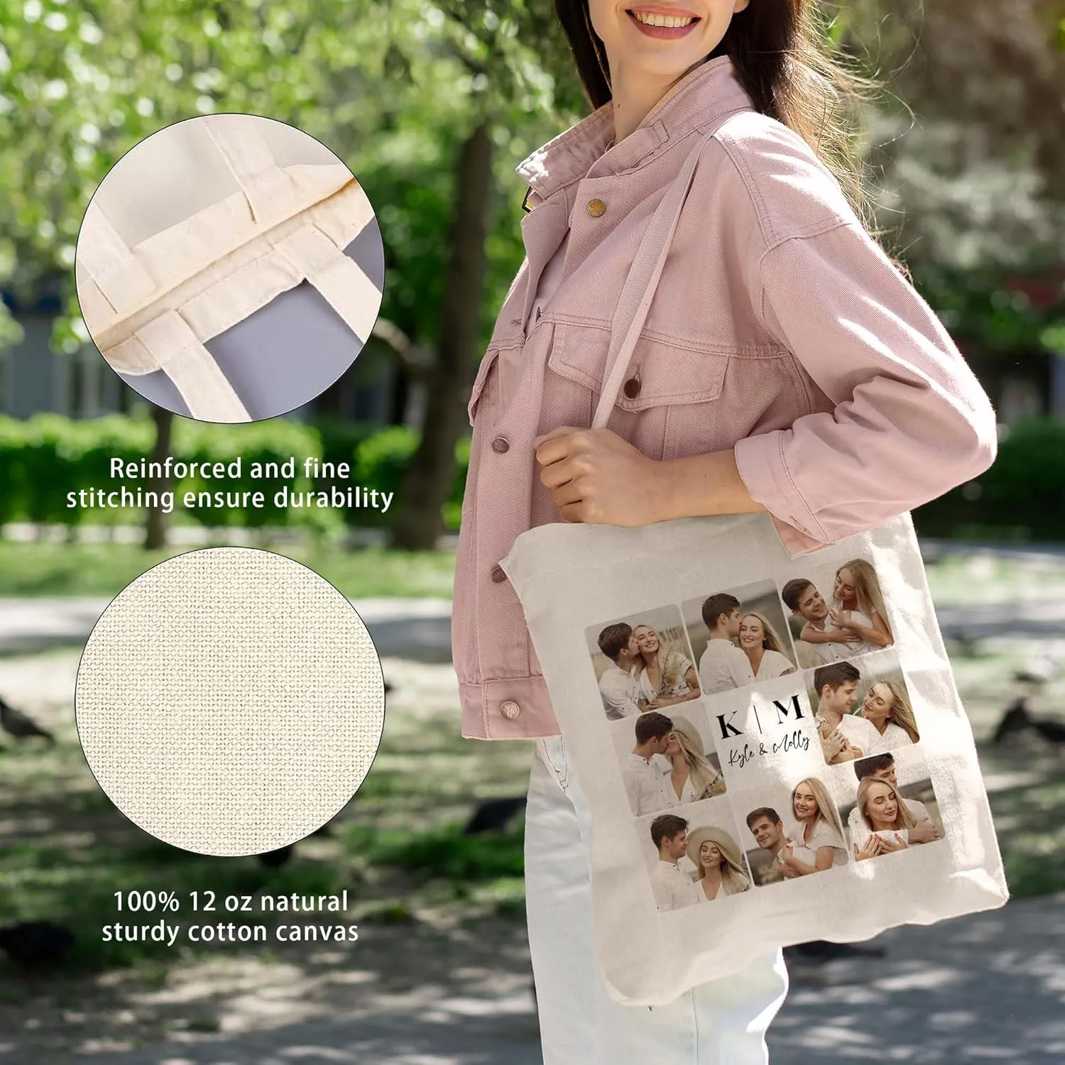 Easycosy Personalized Tote Bag Canvas Tote Bag with Picture Text Customized Reusable Grocery Bag Floral Gifts Bag for Women