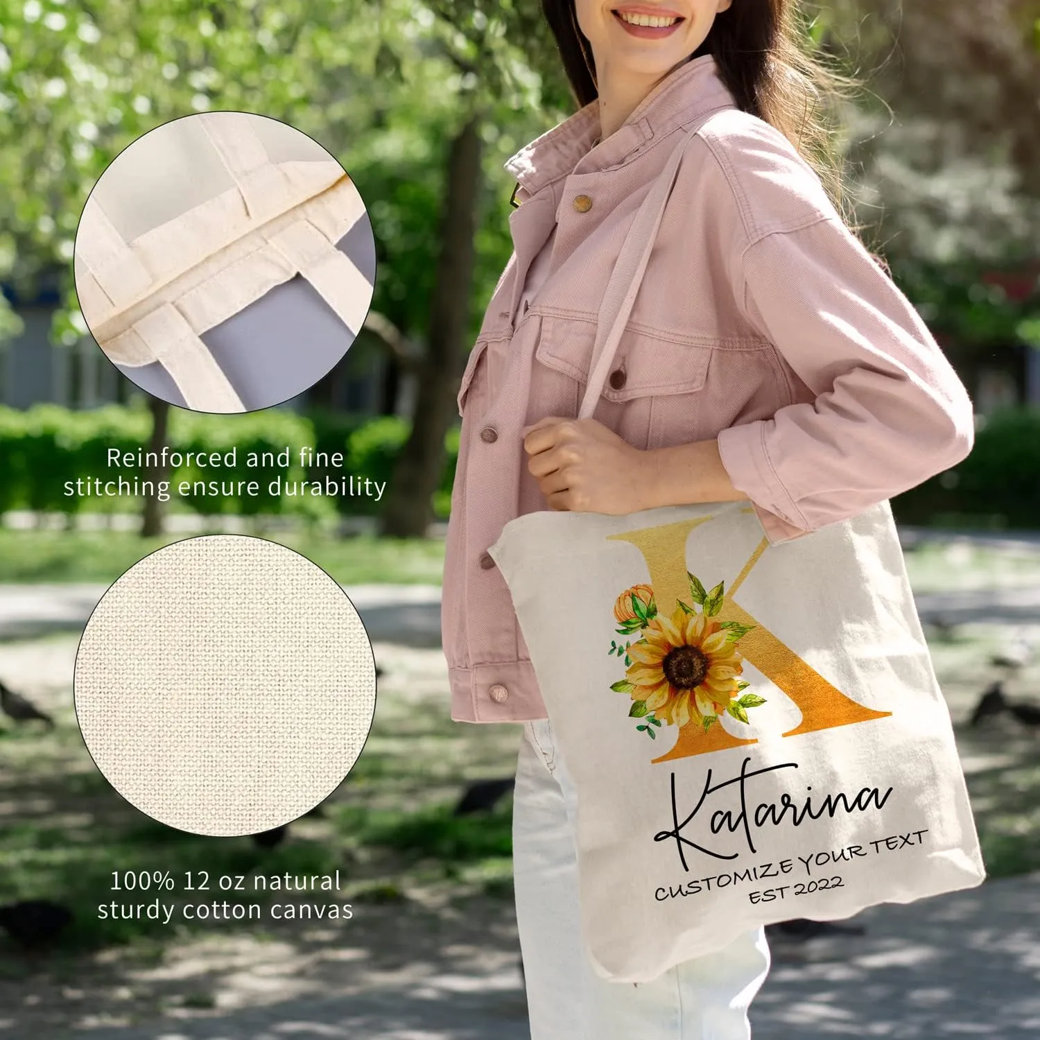 Easycosy Personalized Tote Bag Canvas Tote Bag with Picture Text Customized Reusable Grocery Bag Floral Gifts Bag for Women