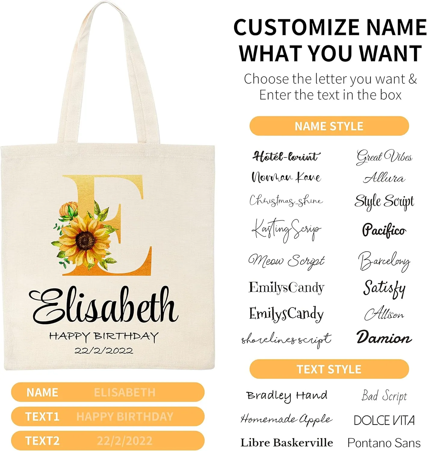 Easycosy Personalized Tote Bag Canvas Tote Bag with Picture Text Customized Reusable Grocery Bag Floral Gifts Bag for Women