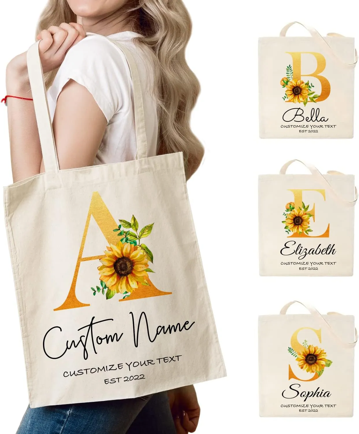 Easycosy Personalized Tote Bag Canvas Tote Bag with Picture Text Customized Reusable Grocery Bag Floral Gifts Bag for Women