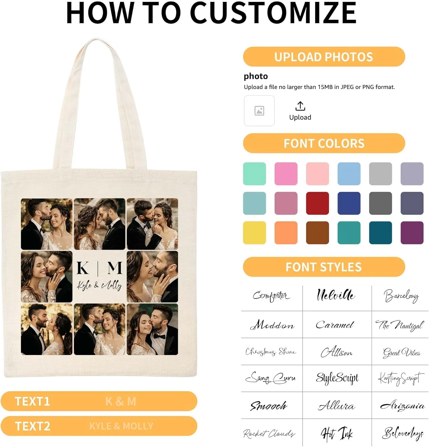 Easycosy Personalized Tote Bag Canvas Tote Bag with Picture Text Customized Reusable Grocery Bag Floral Gifts Bag for Women