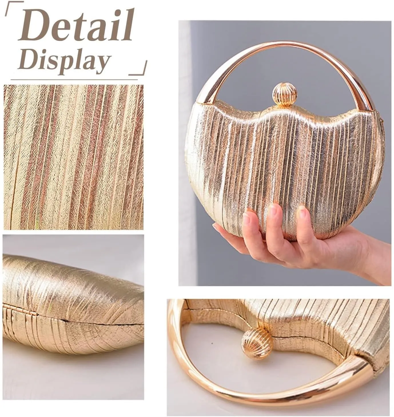 Elegant Shoulder Sparkly Handbag Pleated Round Hard shell Crossbody Women Clutch Glitter Evening Bridal Wedding Purse