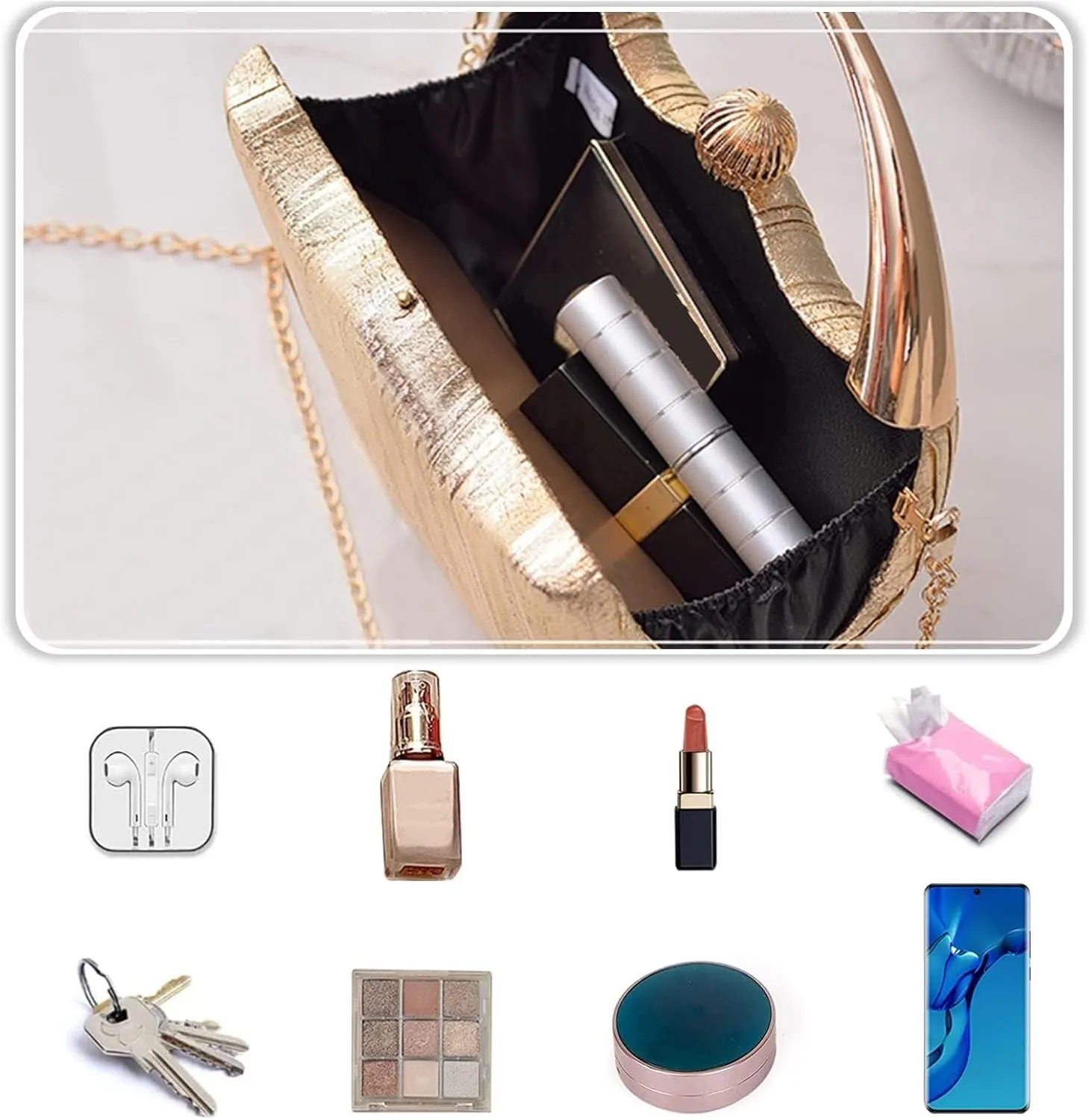 Elegant Shoulder Sparkly Handbag Pleated Round Hard shell Crossbody Women Clutch Glitter Evening Bridal Wedding Purse