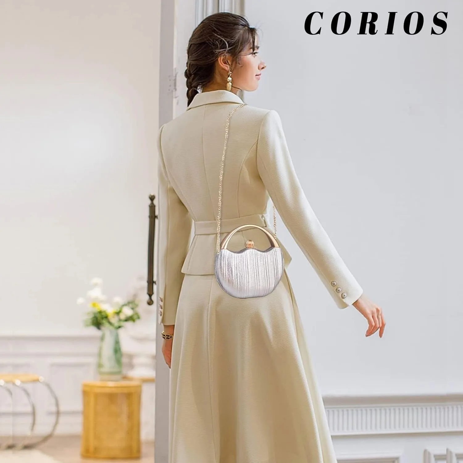 Elegant Shoulder Sparkly Handbag Pleated Round Hard shell Crossbody Women Clutch Glitter Evening Bridal Wedding Purse