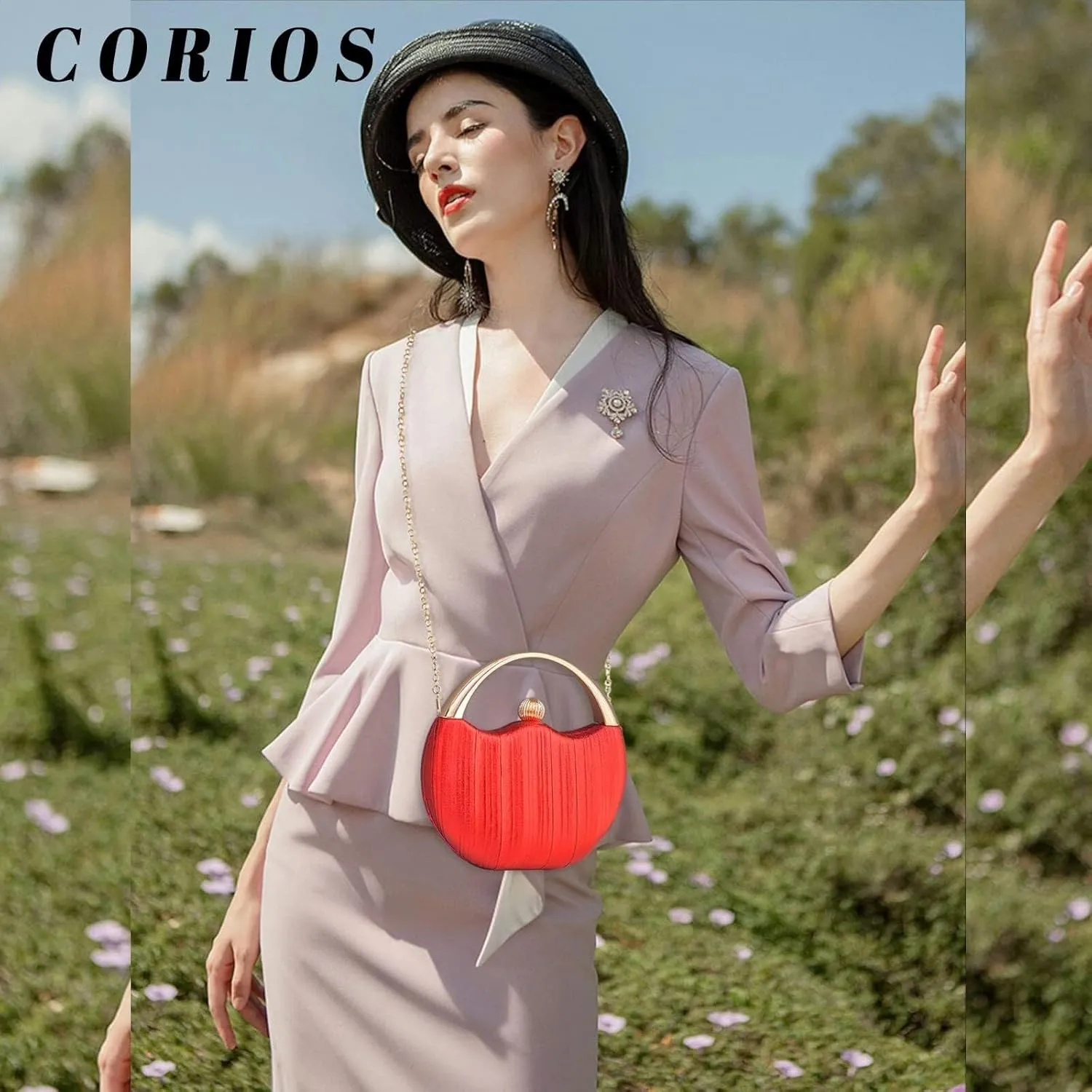 Elegant Shoulder Sparkly Handbag Pleated Round Hard shell Crossbody Women Clutch Glitter Evening Bridal Wedding Purse