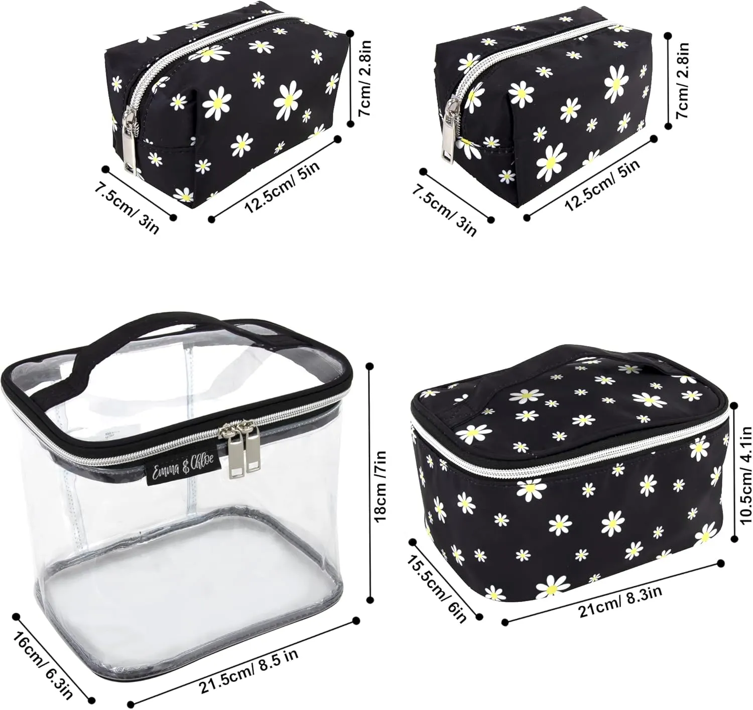 Emma & Chloe 4 Piece Cosmetic Toiletry Bag Set, Waterproof Home, Travel Cosmetic Train Case Makeup Bags for Women with Zipper (Dash of Daisies)