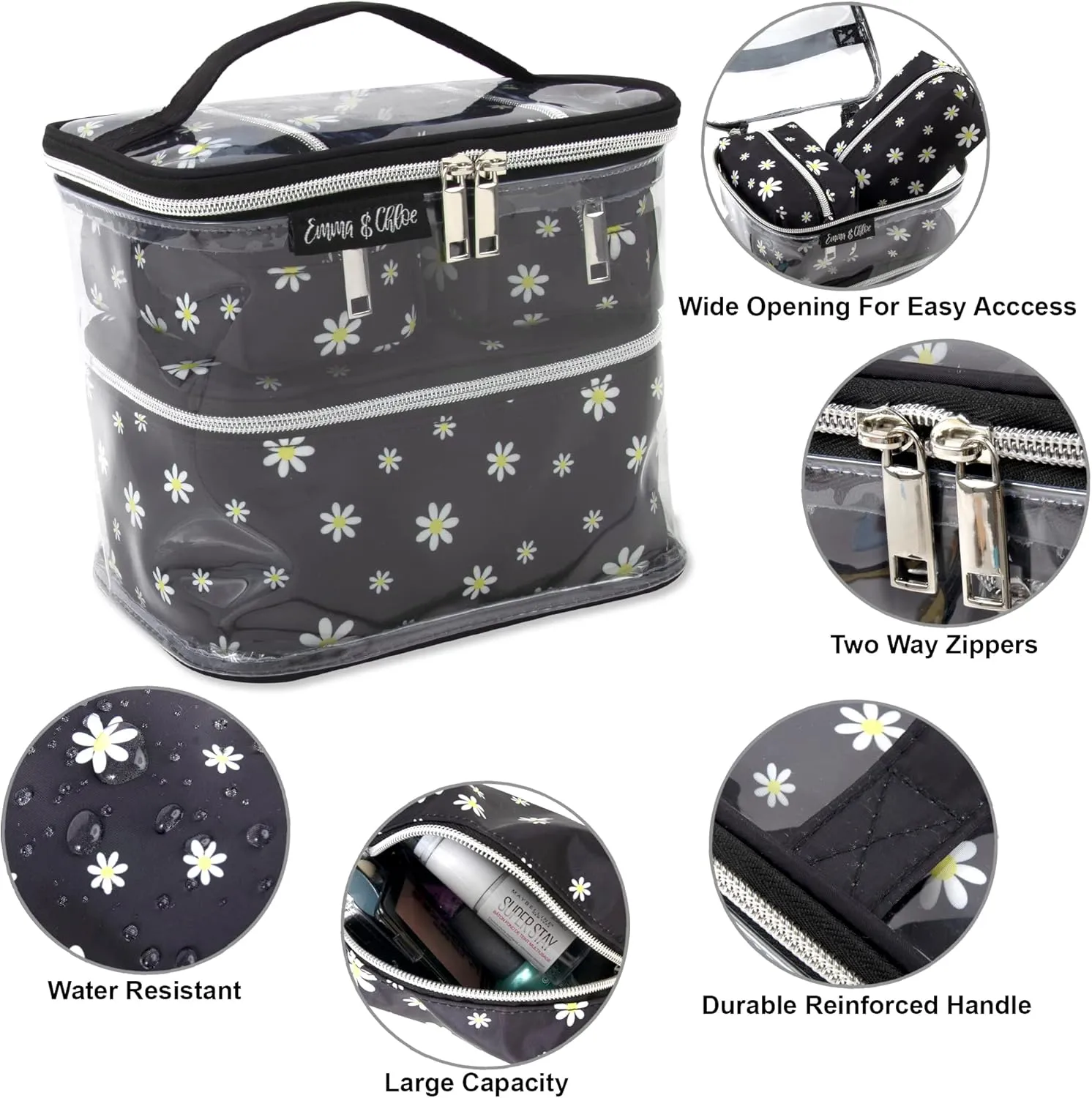 Emma & Chloe 4 Piece Cosmetic Toiletry Bag Set, Waterproof Home, Travel Cosmetic Train Case Makeup Bags for Women with Zipper (Dash of Daisies)