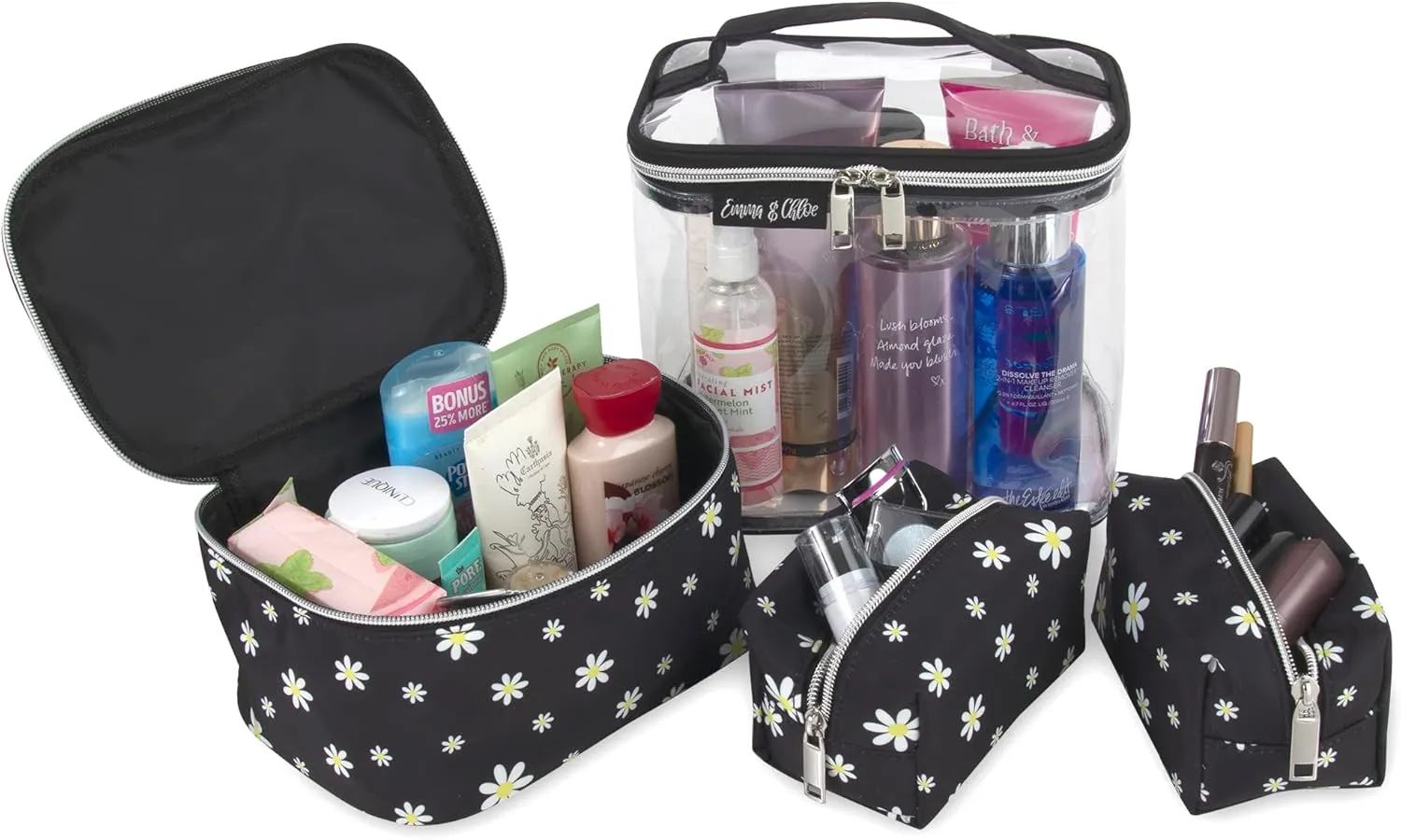 Emma & Chloe 4 Piece Cosmetic Toiletry Bag Set, Waterproof Home, Travel Cosmetic Train Case Makeup Bags for Women with Zipper (Dash of Daisies)