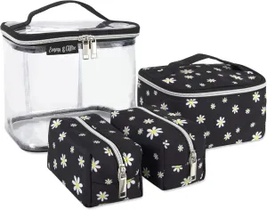 Emma & Chloe 4 Piece Cosmetic Toiletry Bag Set, Waterproof Home, Travel Cosmetic Train Case Makeup Bags for Women with Zipper (Dash of Daisies)