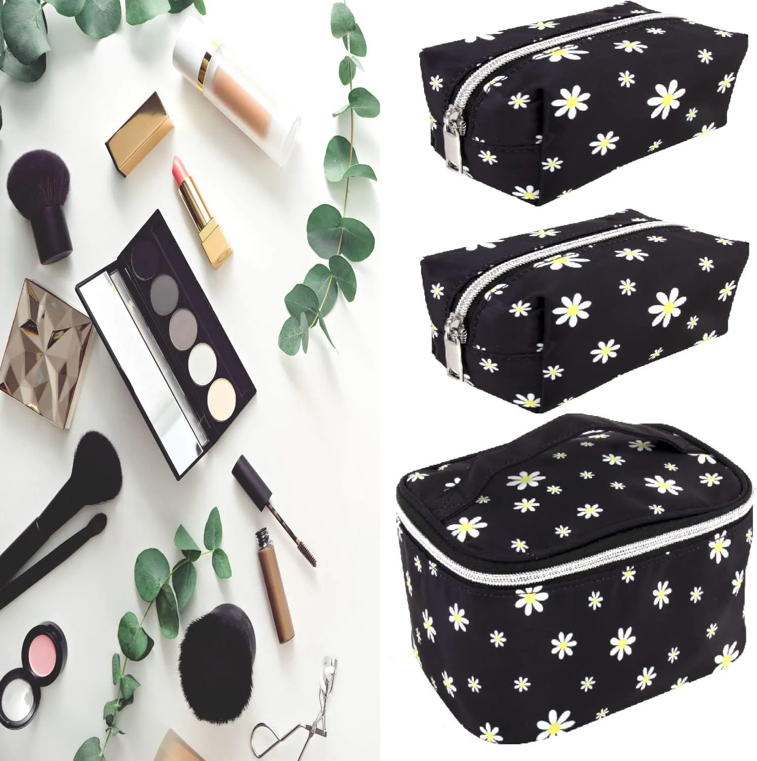 Emma & Chloe 4 Piece Cosmetic Toiletry Bag Set, Waterproof Home, Travel Cosmetic Train Case Makeup Bags for Women with Zipper (Dash of Daisies)