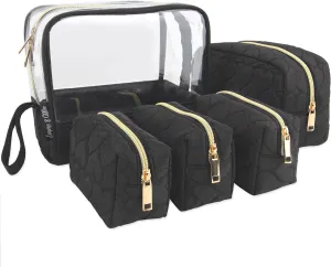 Emma & Chloe Travel Toiletry Bags for Women, 5 Piece Waterproof Cosmetic Case, Bag, Pouch Makeup Organizer Set for Women, Home Counters (Quilted Black Hearts)