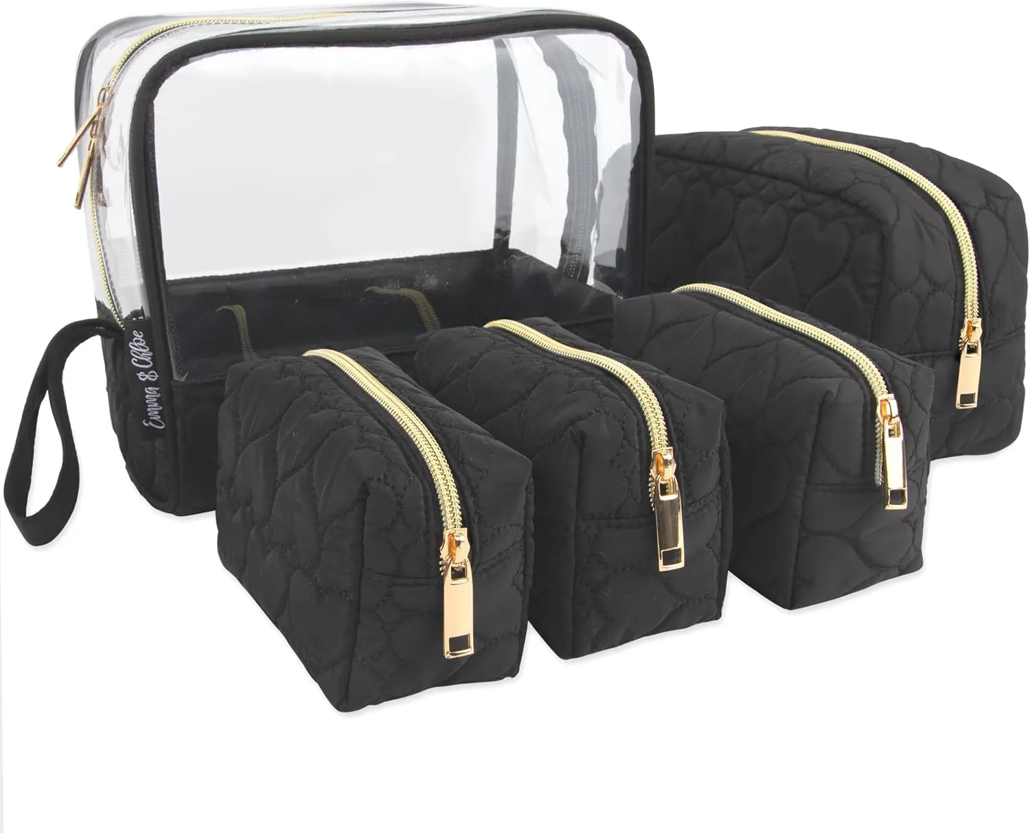 Emma & Chloe Travel Toiletry Bags for Women, 5 Piece Waterproof Cosmetic Case, Bag, Pouch Makeup Organizer Set for Women, Home Counters (Quilted Black Hearts)