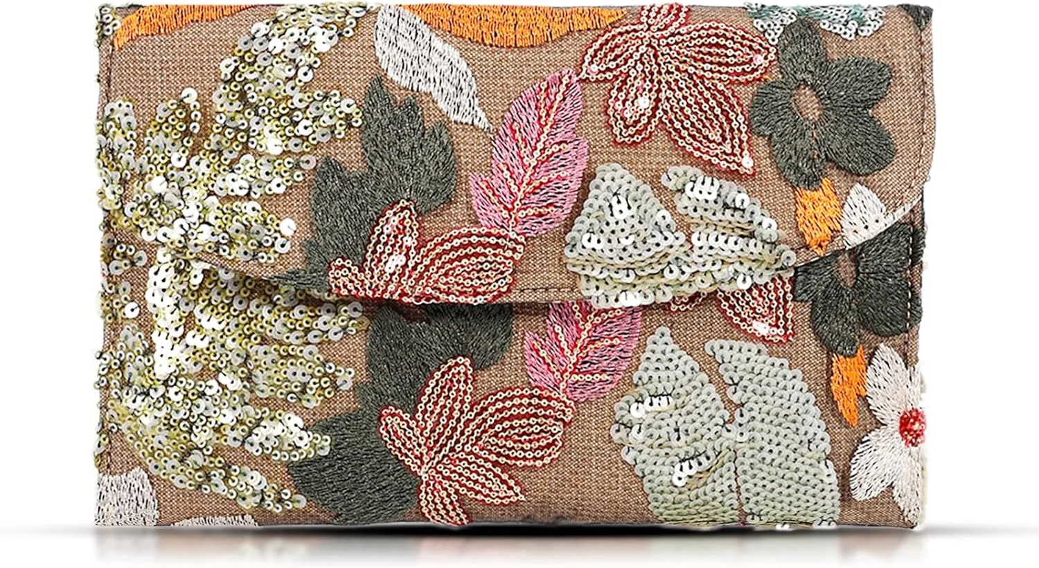 Envelope Package, Clutch Purses for Women, Sequin Embroidered Flowers Straw Bag, Bohemian Handmade Handbags, Beach Bag for Vacation, Travel (Silver)