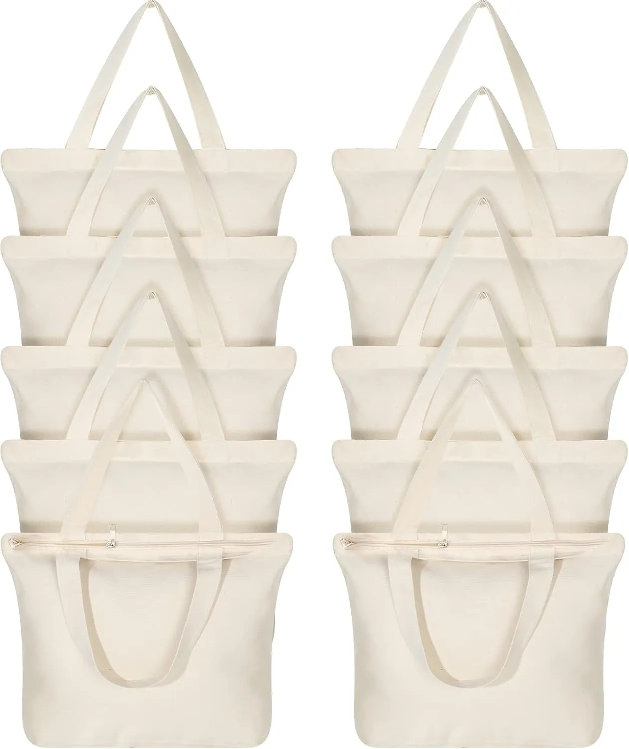 Epakh 10 Pack Natural Tote Bag with Zipper Reusable Canvas Grocery Bag Blank Cotton Bags with Handles Large Plain Shopping Totes for Women Men DIY Painting Crafting Multipurpose Totes Set