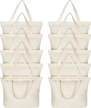 Epakh 10 Pack Natural Tote Bag with Zipper Reusable Canvas Grocery Bag Blank Cotton Bags with Handles Large Plain Shopping Totes for Women Men DIY Painting Crafting Multipurpose Totes Set