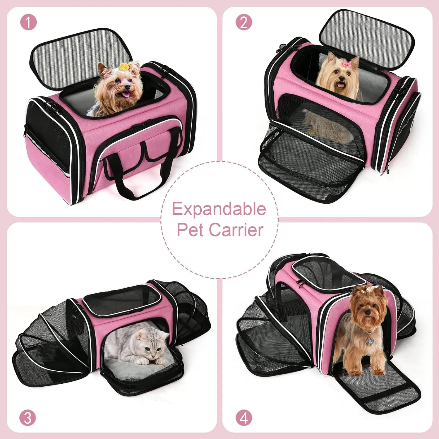 Estarer Soft Sided Pet Carrier Airline Approved, 4 Sides Expandable Collapsible Cat Carrier with Pockets & Removable Fleece Pad, Travel Carrier Bag for Cat Dog & Small Animals (Pink)