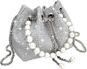 Evening Bucket Handbag for Women Sparkly Rhinestone Pearl Clutch Silver Purse for Party Club Wedding Cocktail Prom