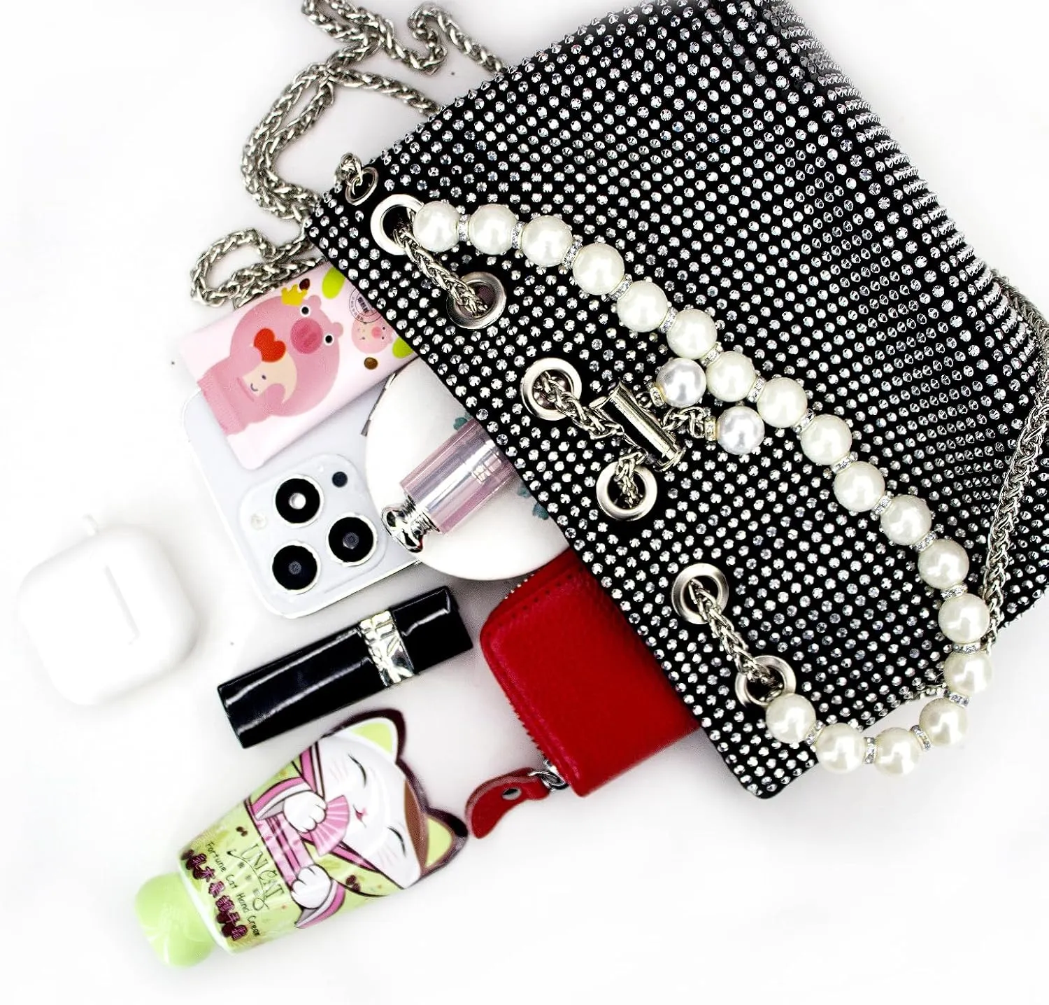 Evening Bucket Handbag for Women Sparkly Rhinestone Pearl Clutch Silver Purse for Party Club Wedding Cocktail Prom