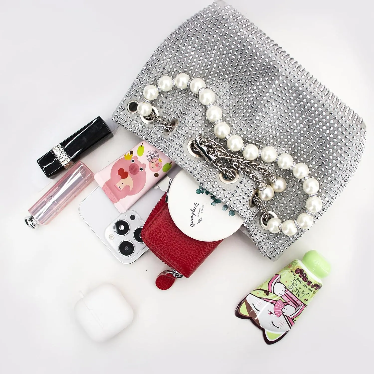 Evening Bucket Handbag for Women Sparkly Rhinestone Pearl Clutch Silver Purse for Party Club Wedding Cocktail Prom