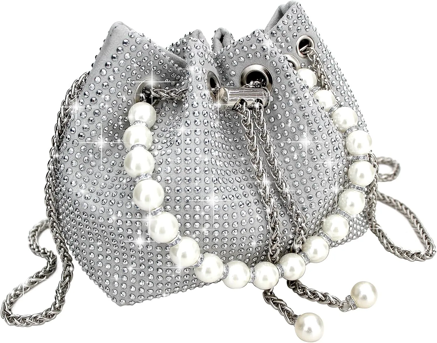 Evening Bucket Handbag for Women Sparkly Rhinestone Pearl Clutch Silver Purse for Party Club Wedding Cocktail Prom
