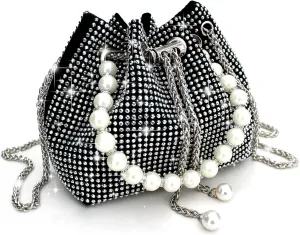 Evening Bucket Handbag for Women Sparkly Rhinestone Pearl Clutch Silver Purse for Party Club Wedding Cocktail Prom