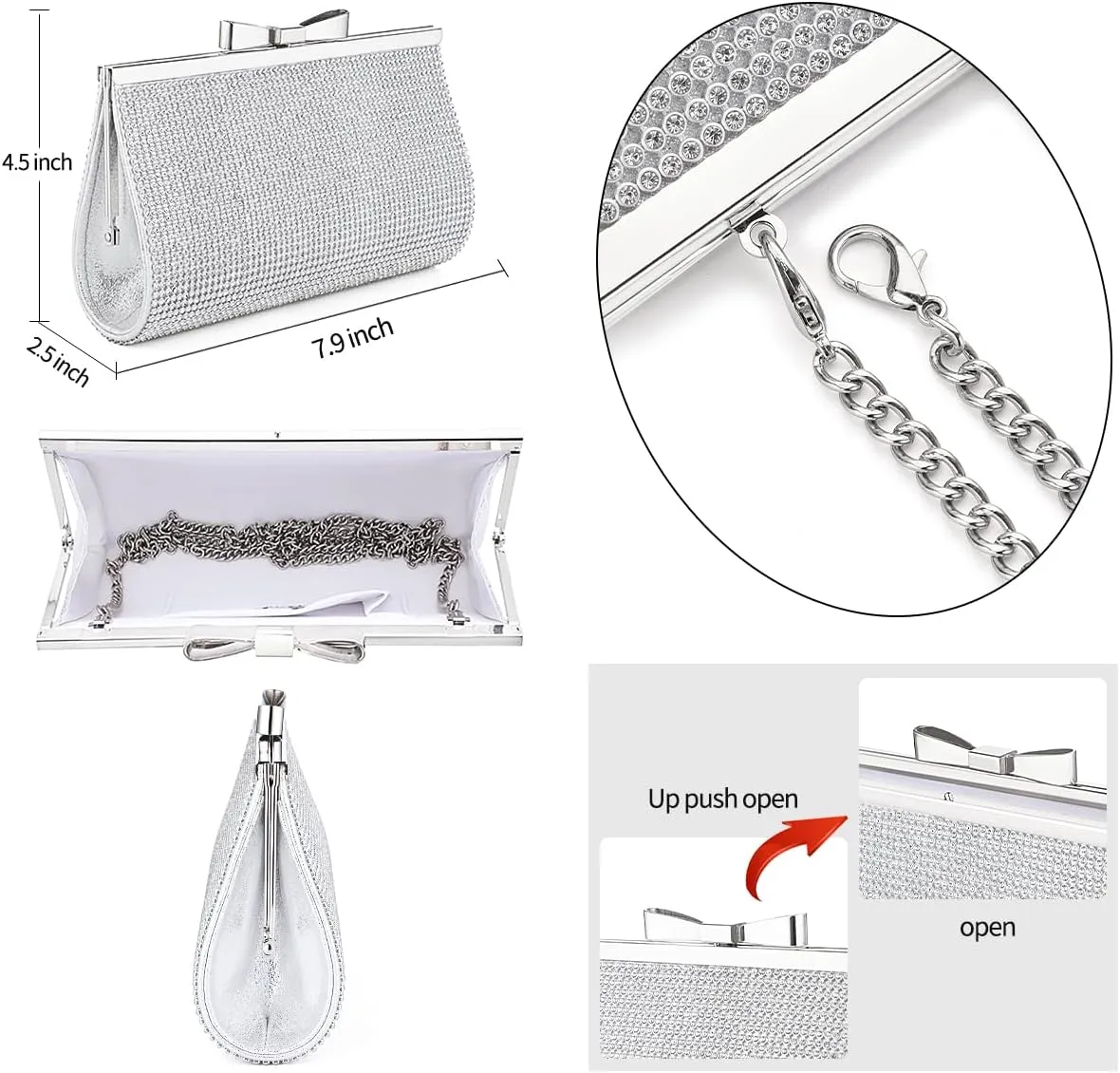 Evening Clutch Bag Cocktail Prom Sparkly Rhinestone Crystal Bride and Bridesmaid Wedding Party Formal Purses for Women
