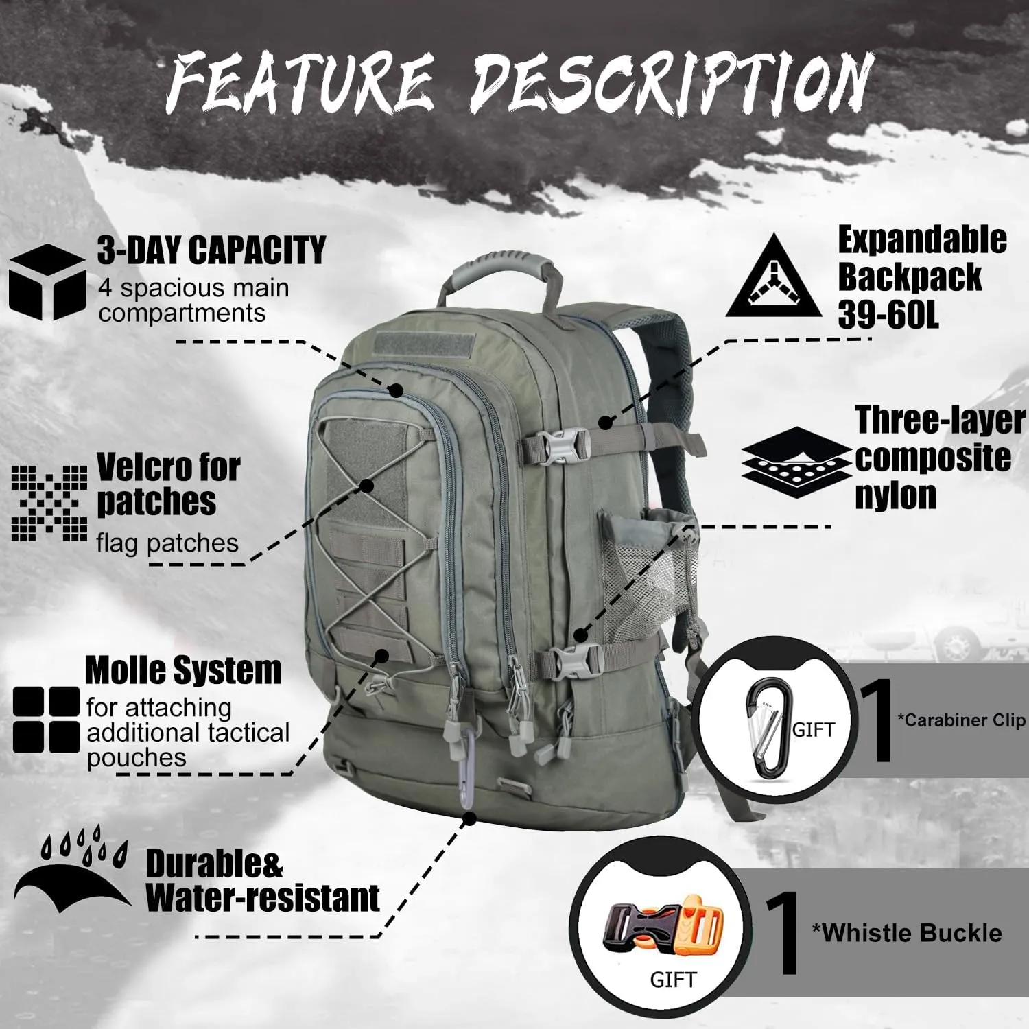 Expandable 40-64L Military Tactical Backpack 3 Day Bag Hiking Gym Sport Camping