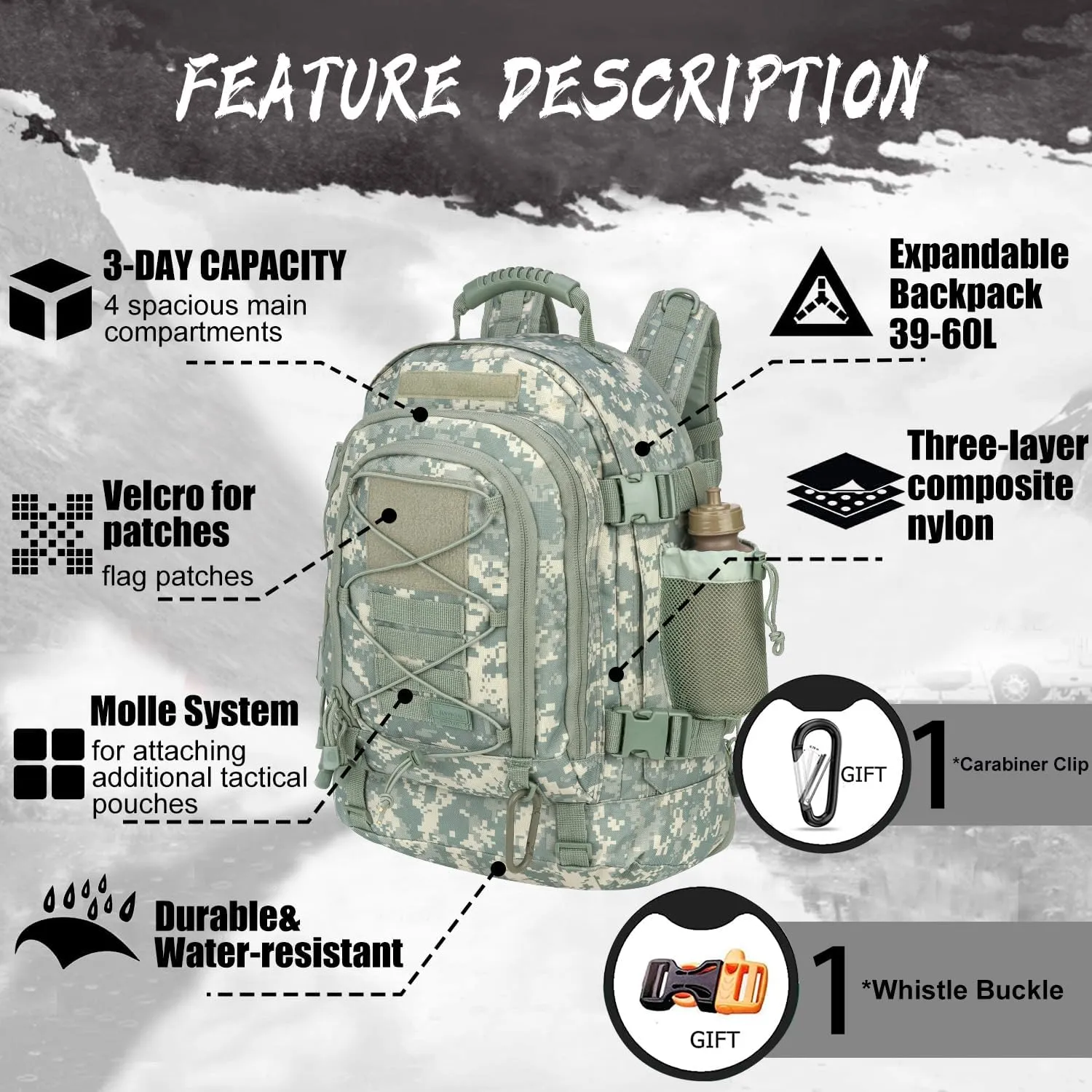 Expandable 40-64L Military Tactical Backpack 3 Day Bag Hiking Gym Sport Camping