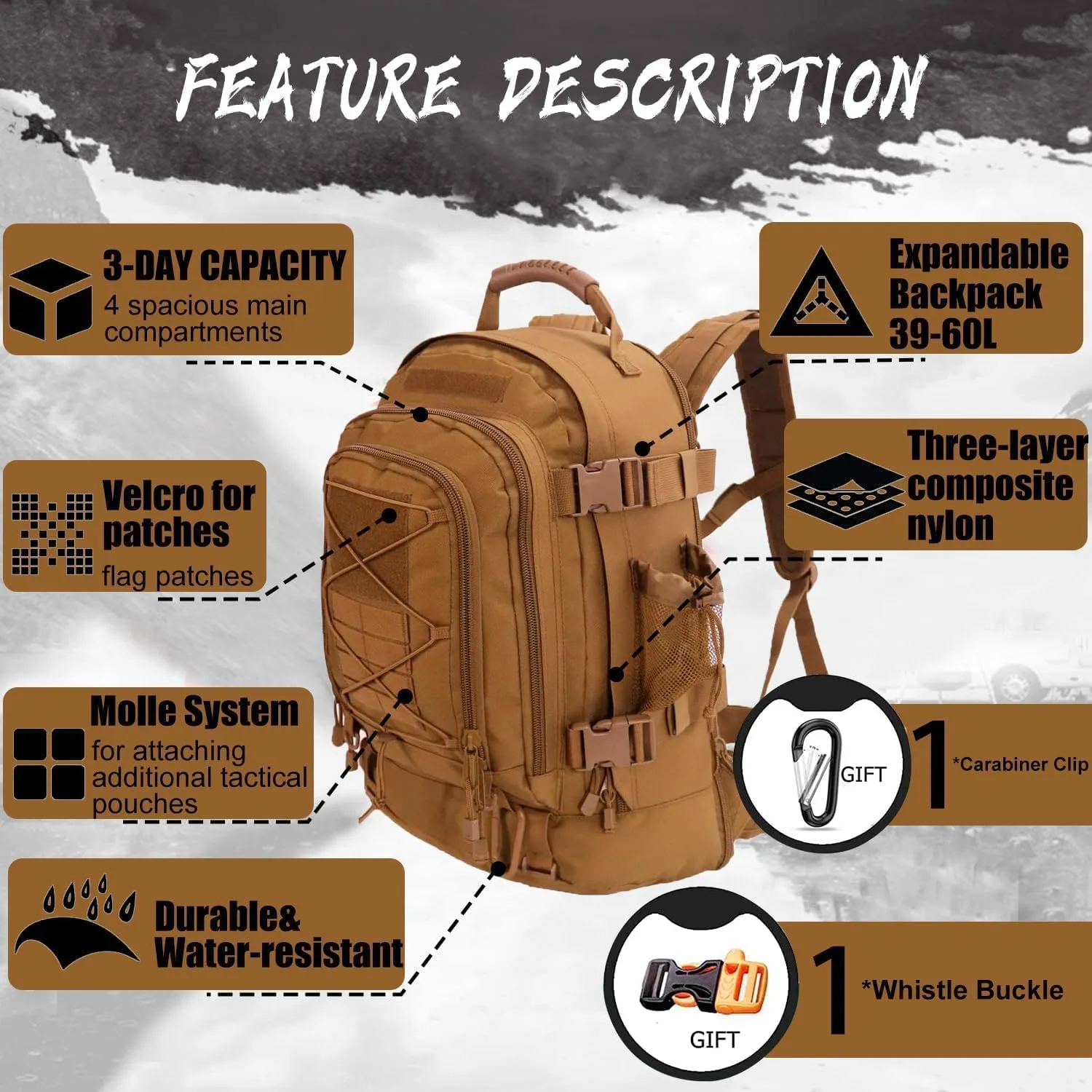 Expandable 40-64L Military Tactical Backpack 3 Day Bag Hiking Gym Sport Camping