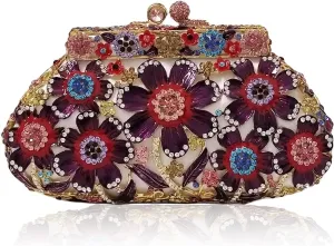 Fancy Vintage Flower Rhinestone Clutch Multicolor Floral Crystal Evening Bag Purse Wedding Cocktail Bag