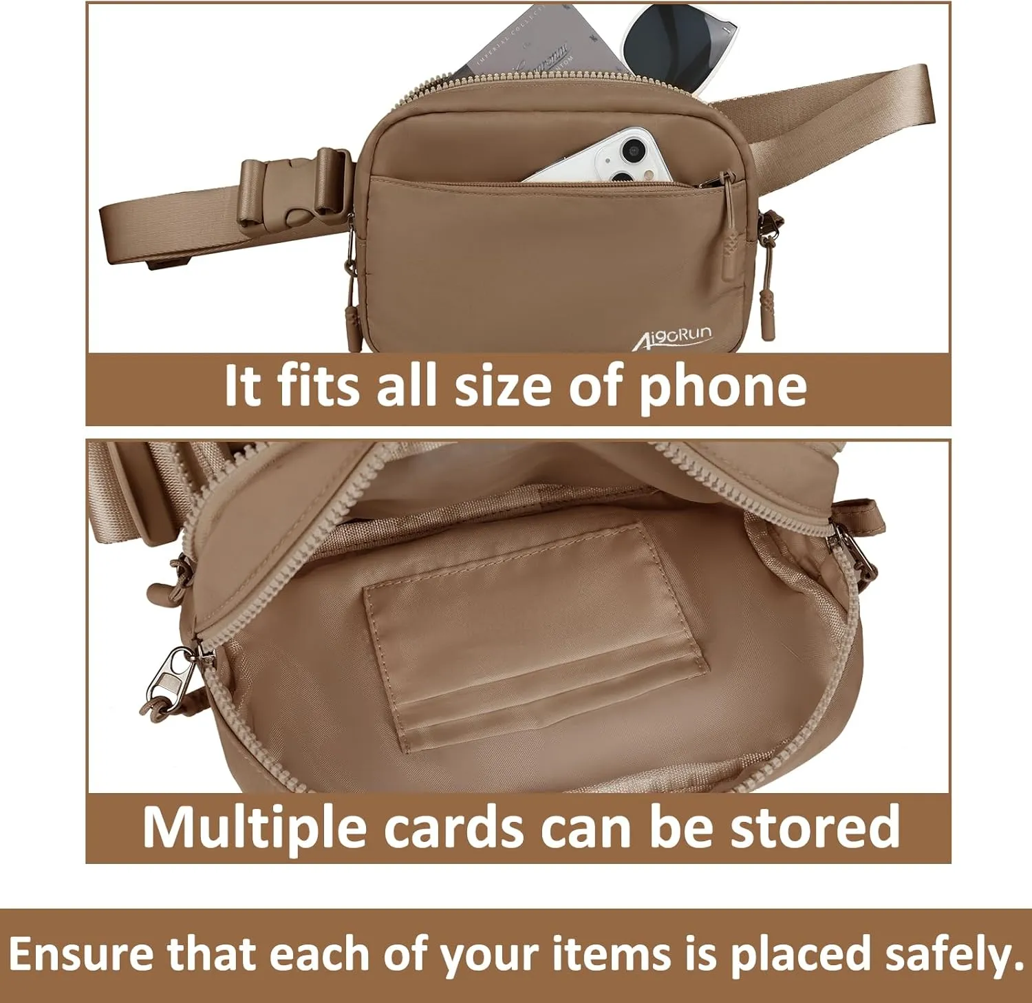 Fanny Belt Bag Waist Pack Crossbody Bags Bum Bag for Running Hiking Travel Workout Adjustable Strap for Women Brown