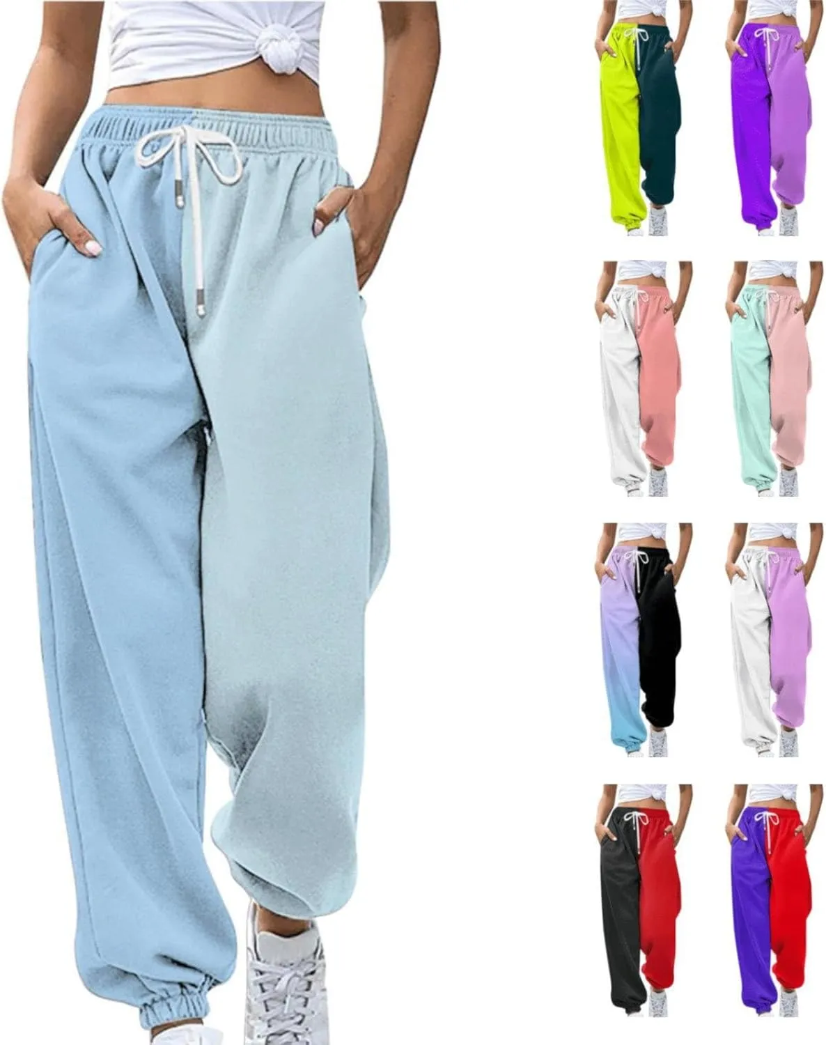 Fashion Two Tone Sweatpants for Women Casual Loose Fit Drawstring Elastic Waistband Cinch Bottom Slacks Workout Sport Joggers