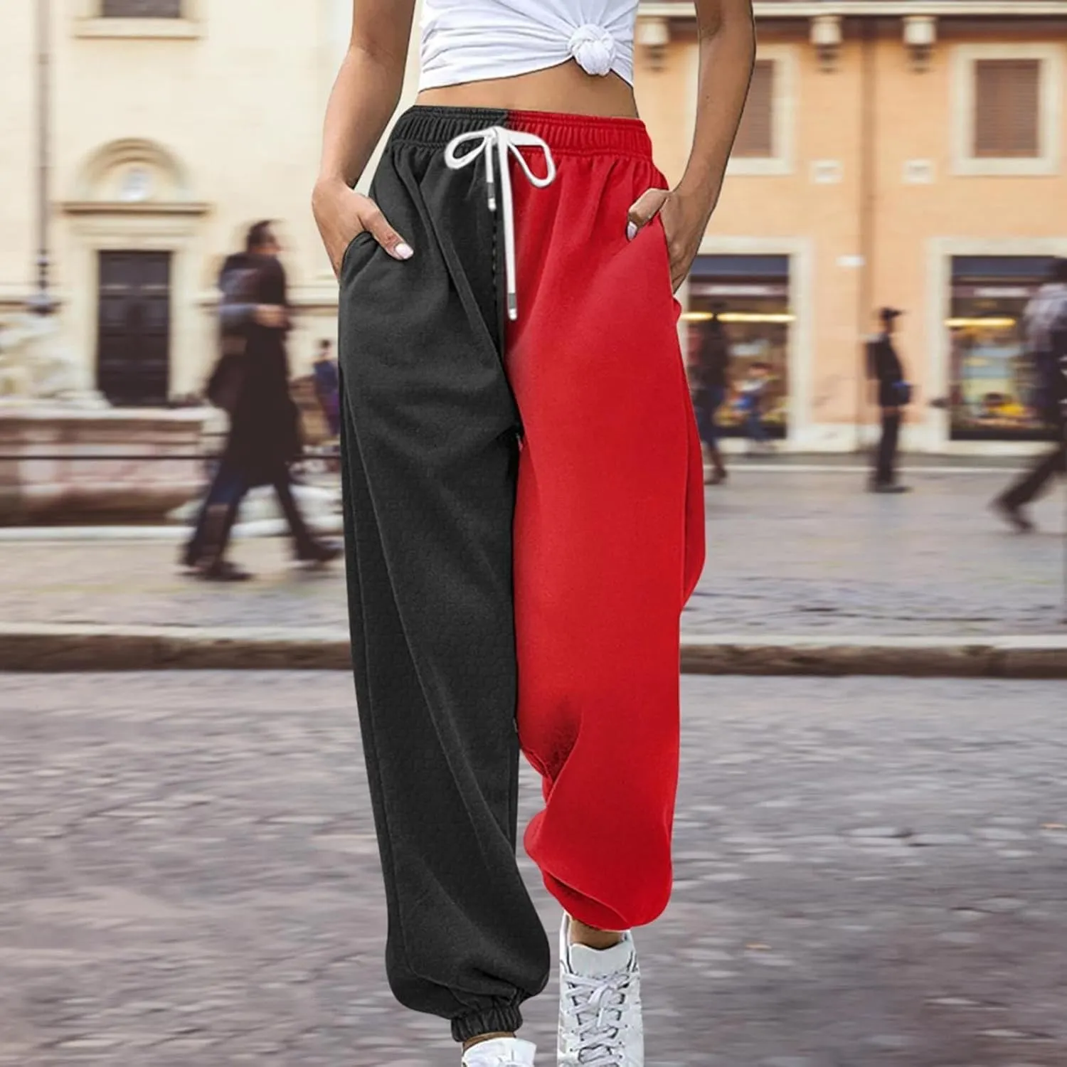 Fashion Two Tone Sweatpants for Women Casual Loose Fit Drawstring Elastic Waistband Cinch Bottom Slacks Workout Sport Joggers