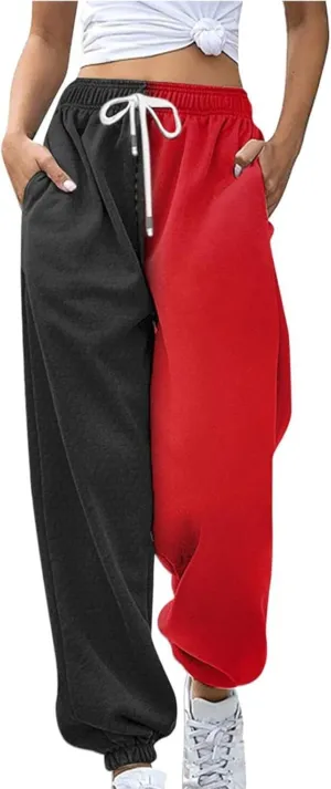 Fashion Two Tone Sweatpants for Women Casual Loose Fit Drawstring Elastic Waistband Cinch Bottom Slacks Workout Sport Joggers