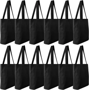 Faylapa 12 Pack Canvas Tote Bags,Heavy Duty Reusable Grocery Shopping Bag 12.2"x14.2" Blank Cotton Bags for Decorating Crafts DIY,Painting(Black)