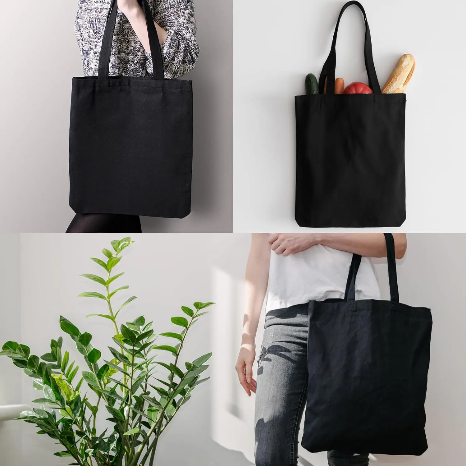 Faylapa 12 Pack Canvas Tote Bags,Heavy Duty Reusable Grocery Shopping Bag 12.2"x14.2" Blank Cotton Bags for Decorating Crafts DIY,Painting(Black)
