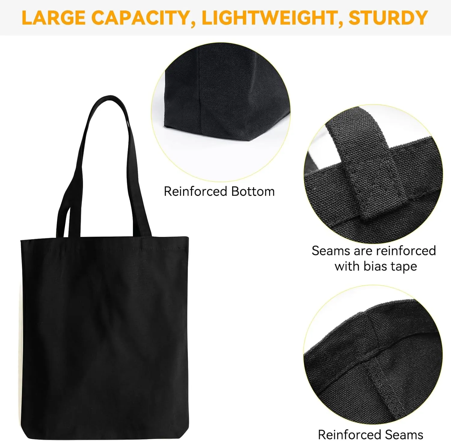 Faylapa 12 Pack Canvas Tote Bags,Heavy Duty Reusable Grocery Shopping Bag 12.2"x14.2" Blank Cotton Bags for Decorating Crafts DIY,Painting(Black)