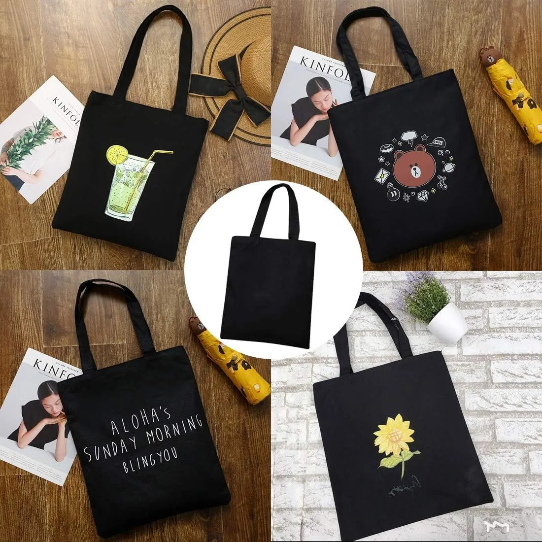 Faylapa 12 Pack Canvas Tote Bags,Heavy Duty Reusable Grocery Shopping Bag 12.2"x14.2" Blank Cotton Bags for Decorating Crafts DIY,Painting(Black)