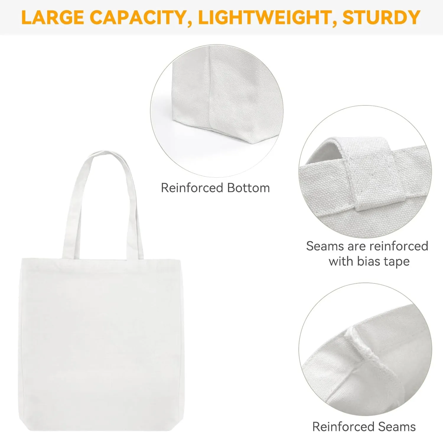 Faylapa 6 Pcs Canvas Tote Bags,Heavy Duty and Strong Easter Hunter Bag Shopping Grocery Bag Blank Cotton Bags for Decorating Crafts DIY,Painting (White, 13.6"x 15.3")