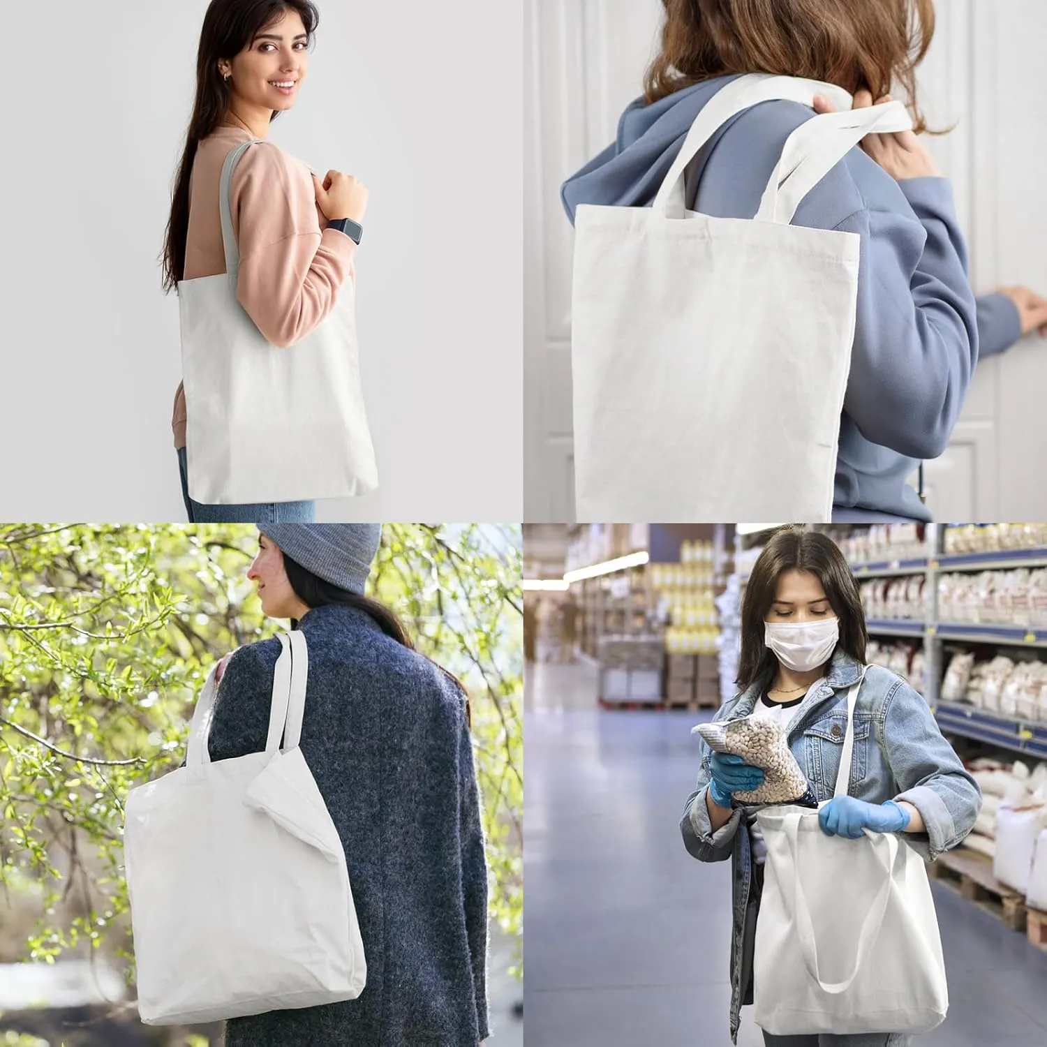 Faylapa 6 Pcs Canvas Tote Bags,Heavy Duty and Strong Easter Hunter Bag Shopping Grocery Bag Blank Cotton Bags for Decorating Crafts DIY,Painting (White, 13.6"x 15.3")