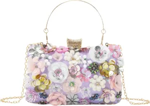 Fecialy Women's Floral Evening Handbags Colorful Rhinestone Clutch Purses Floral Bride Wedding Handbag Chain Shoulder Bag