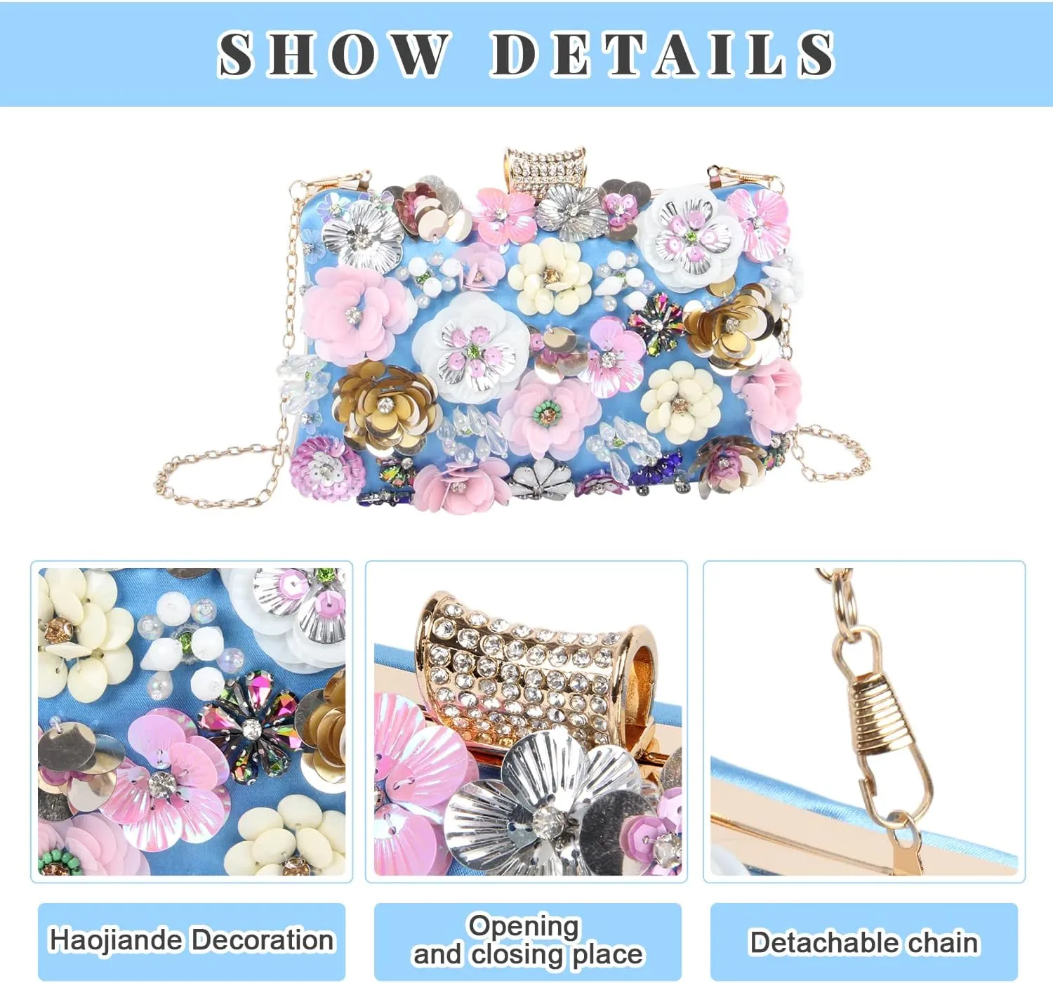 Fecialy Women's Floral Evening Handbags Colorful Rhinestone Clutch Purses Floral Bride Wedding Handbag Chain Shoulder Bag