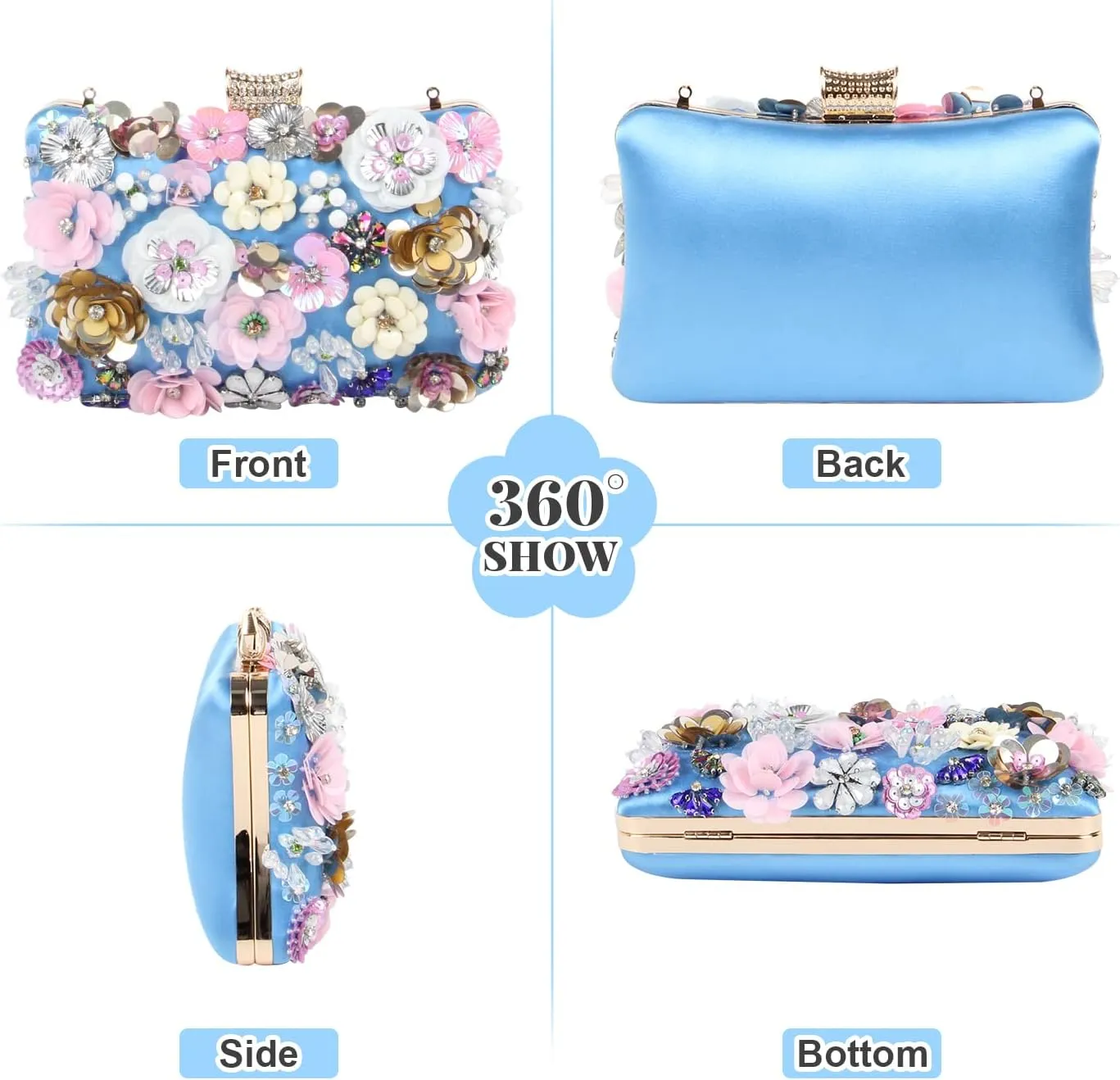 Fecialy Women's Floral Evening Handbags Colorful Rhinestone Clutch Purses Floral Bride Wedding Handbag Chain Shoulder Bag