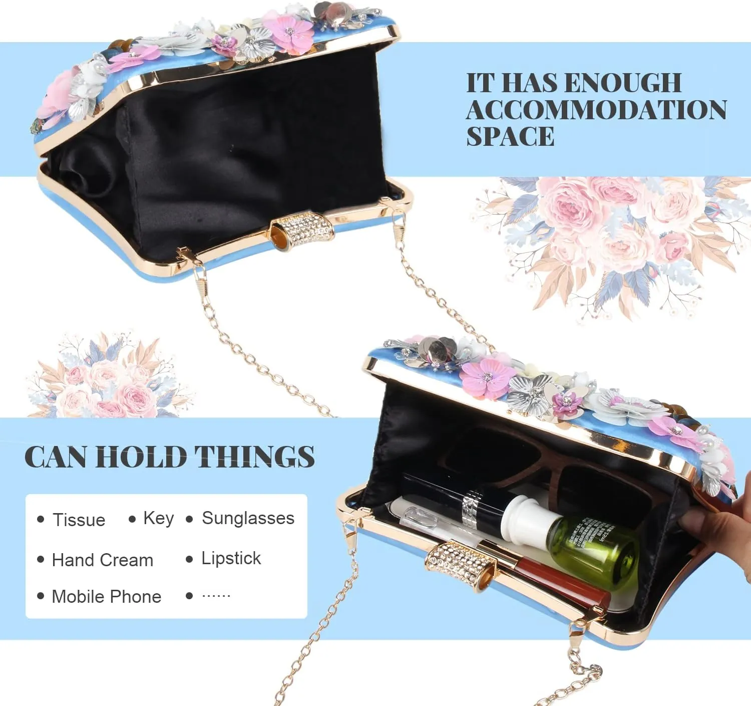 Fecialy Women's Floral Evening Handbags Colorful Rhinestone Clutch Purses Floral Bride Wedding Handbag Chain Shoulder Bag