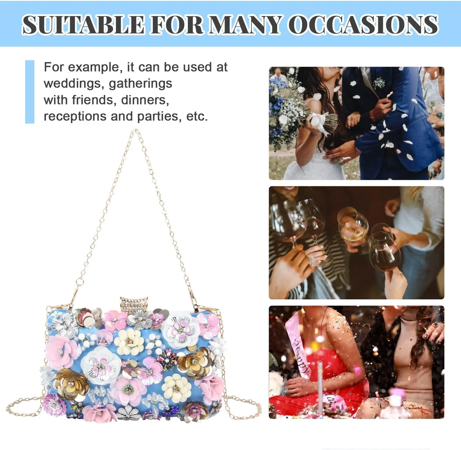 Fecialy Women's Floral Evening Handbags Colorful Rhinestone Clutch Purses Floral Bride Wedding Handbag Chain Shoulder Bag