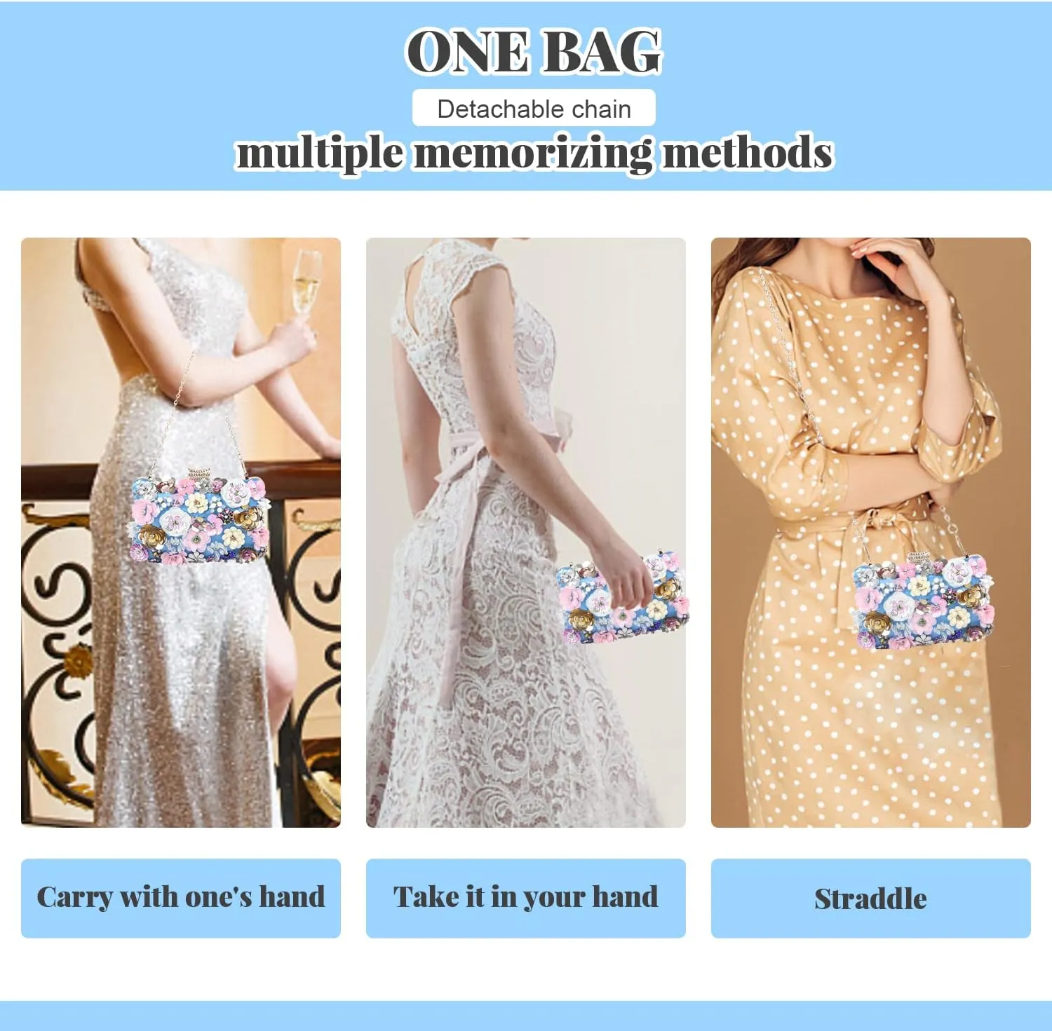 Fecialy Women's Floral Evening Handbags Colorful Rhinestone Clutch Purses Floral Bride Wedding Handbag Chain Shoulder Bag
