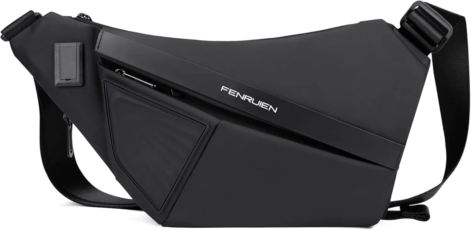 FENRUIEN Lightweight Chest Bag, Expandable Water Resistant Crossbody Bag Men, EDC Sling Bag with USB Port, Black