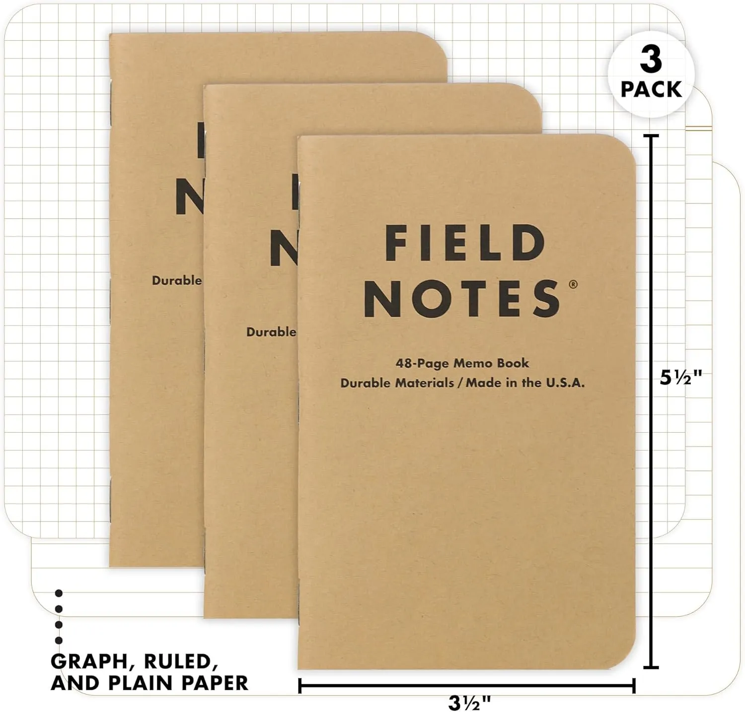 Field Notes: Original Kraft 3-Pack - Mixed Paper (1 Graph/Grid, 1 Ruled/Lined, 1 Plain/Blank) Memo Books - 48 Page Pocket Notebooks - 3.5" x 5.5"