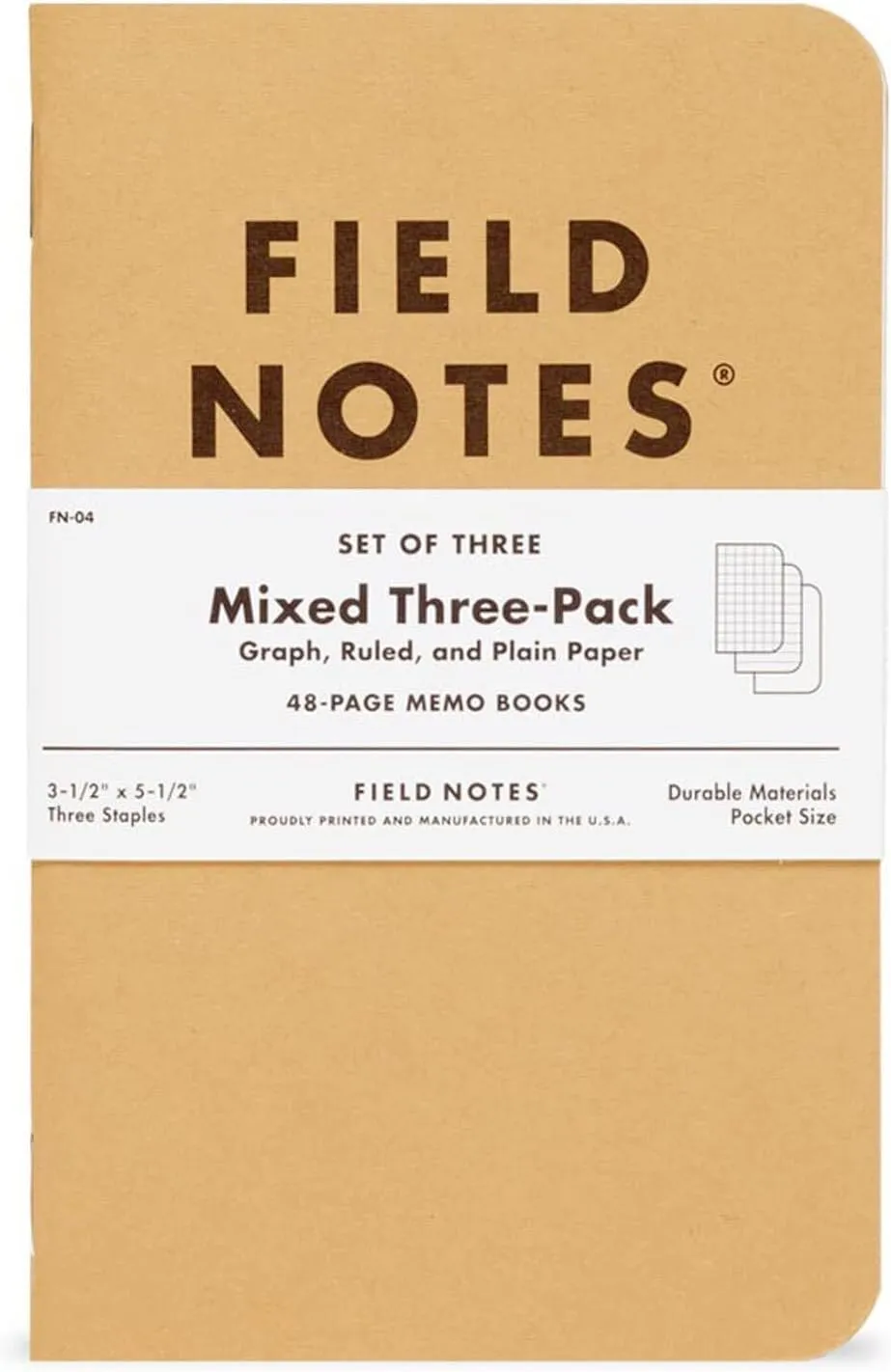 Field Notes: Original Kraft 3-Pack - Mixed Paper (1 Graph/Grid, 1 Ruled/Lined, 1 Plain/Blank) Memo Books - 48 Page Pocket Notebooks - 3.5" x 5.5"